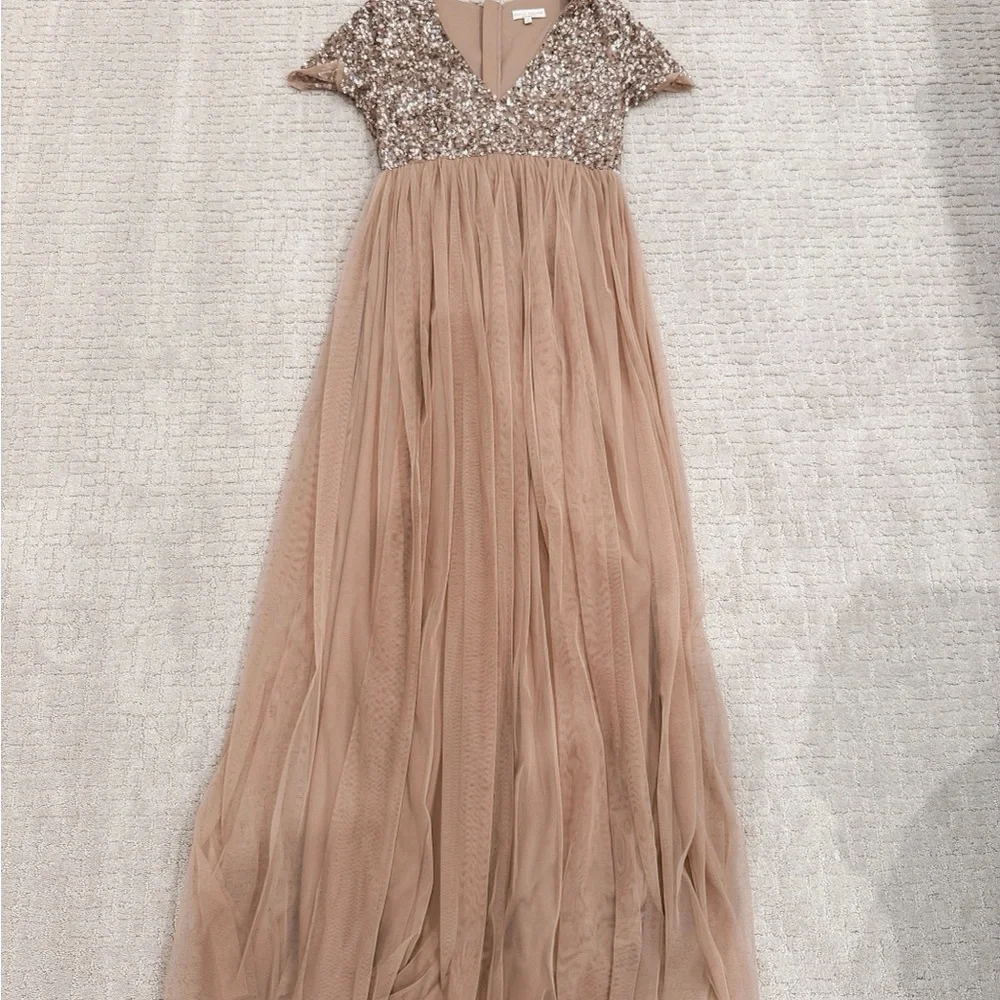 Maternity Sequin Bodice Tulle Maxi Dress in Taupe - Picture 1 of 3